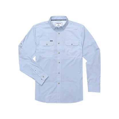 Light blue long-sleeve outdoor shirt with button-down front, dual chest pockets, and roll-up sleeve tabs.