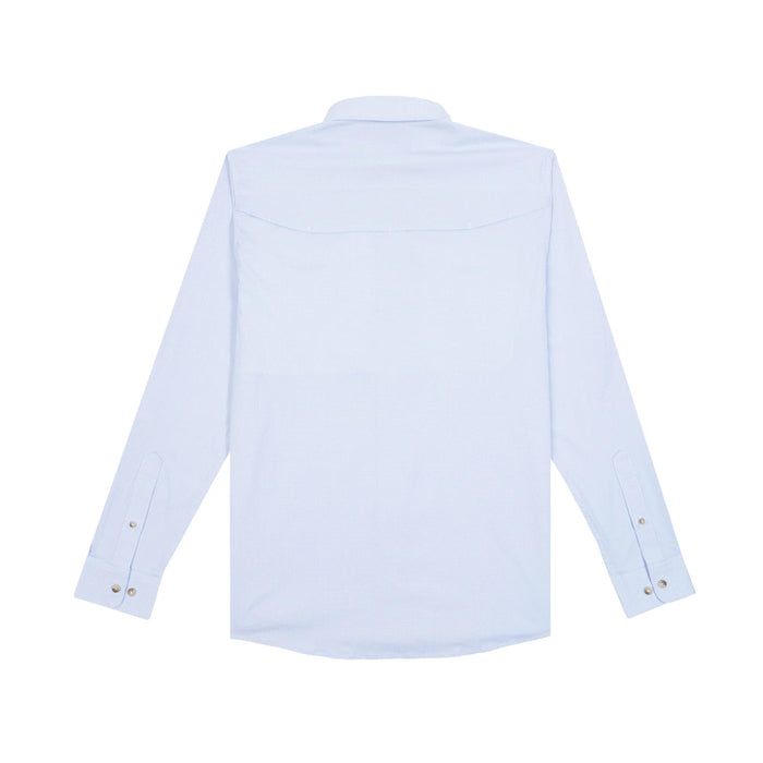 Back view of a light blue long-sleeve outdoor shirt with a vented back panel and buttoned cuffs.