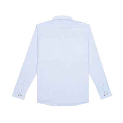 Back view of a light blue long-sleeve outdoor shirt with a vented back panel and buttoned cuffs.