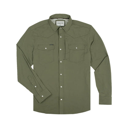 Olive green Poncho long-sleeve western shirt with pearl snaps, dual chest pockets, and a performance fabric finish.