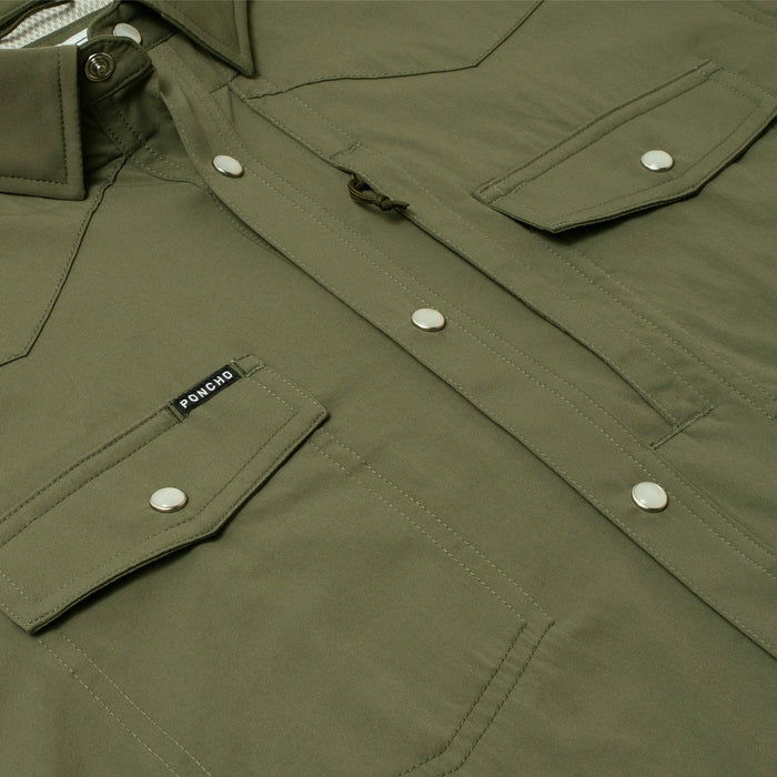 Olive green Poncho western shirt featuring pearl snaps, dual chest pockets, and a sunglasses loop on the placket.