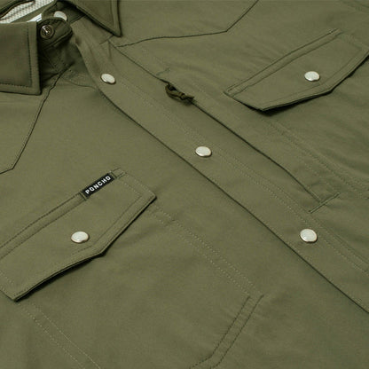 Olive green Poncho western shirt featuring pearl snaps, dual chest pockets, and a sunglasses loop on the placket.