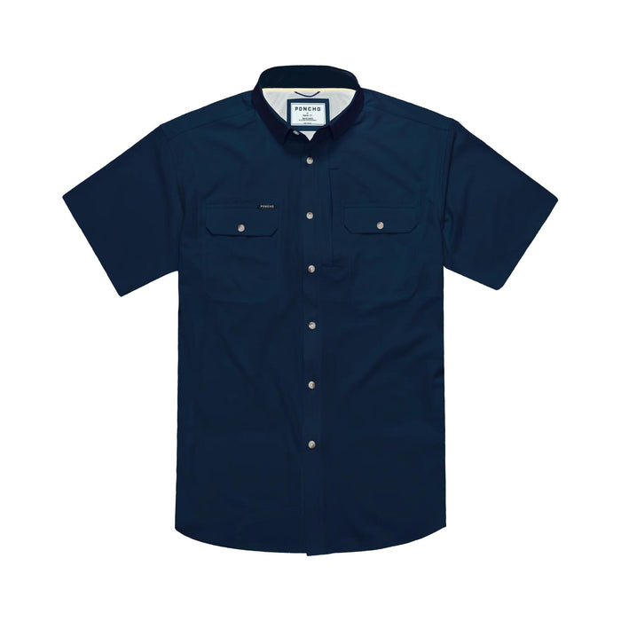 Navy blue short-sleeve performance shirt with magnetic chest pockets, button-down collar, and breathable fabric.