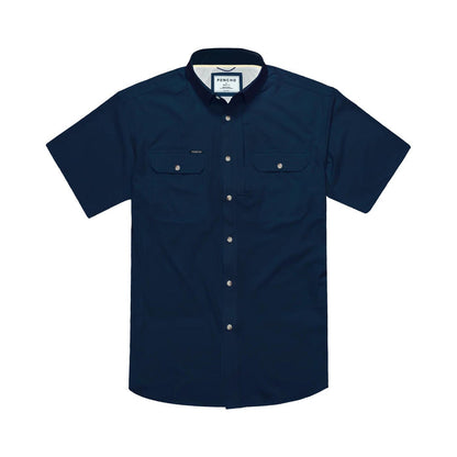 Navy blue short-sleeve performance shirt with magnetic chest pockets, button-down collar, and breathable fabric.