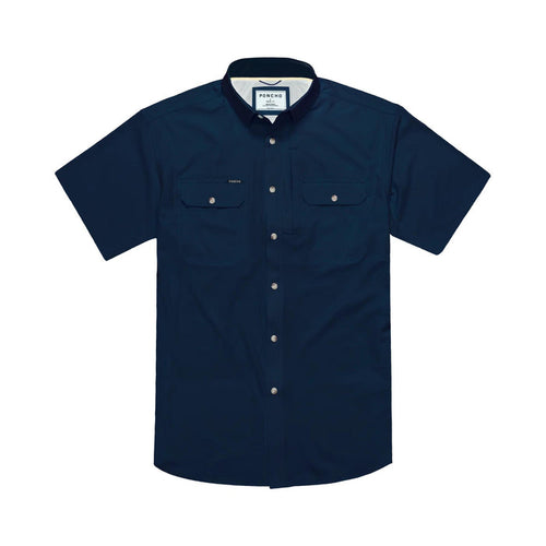 Navy blue short-sleeve performance shirt with magnetic chest pockets, button-down collar, and breathable fabric.