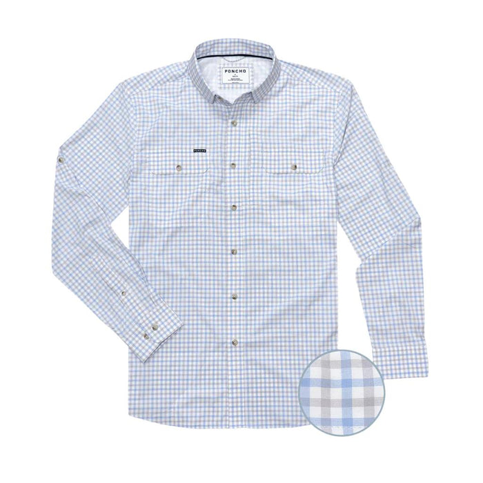 Light blue and white plaid long-sleeve performance shirt with magnetic chest pockets and button-down collar.