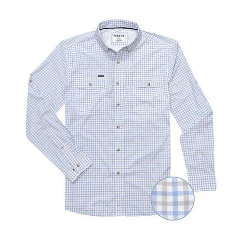 Light blue and white plaid long-sleeve performance shirt with magnetic chest pockets and button-down collar.