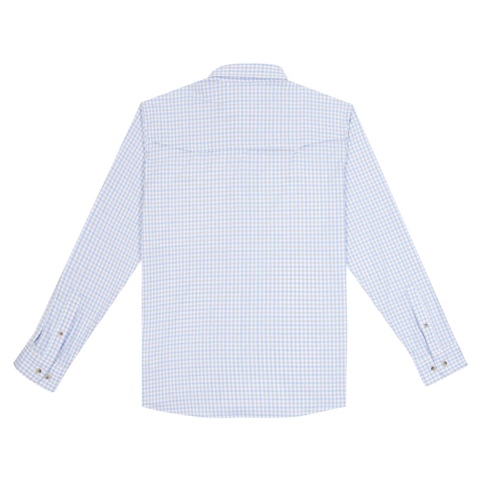 Back view of a light blue and white checkered long-sleeve performance outdoor shirt with a vented back yoke.