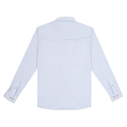 Back view of a light blue and white checkered long-sleeve performance outdoor shirt with a vented back yoke.