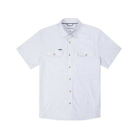 White short-sleeve button-down shirt with a blue grid pattern, featuring dual chest pockets and a classic collar.