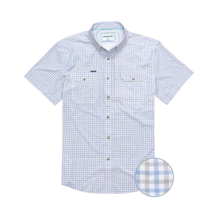 Poncho The Channel Cat short sleeve shirt in a blue and grey plaid pattern with dual chest pockets and button-down collar.