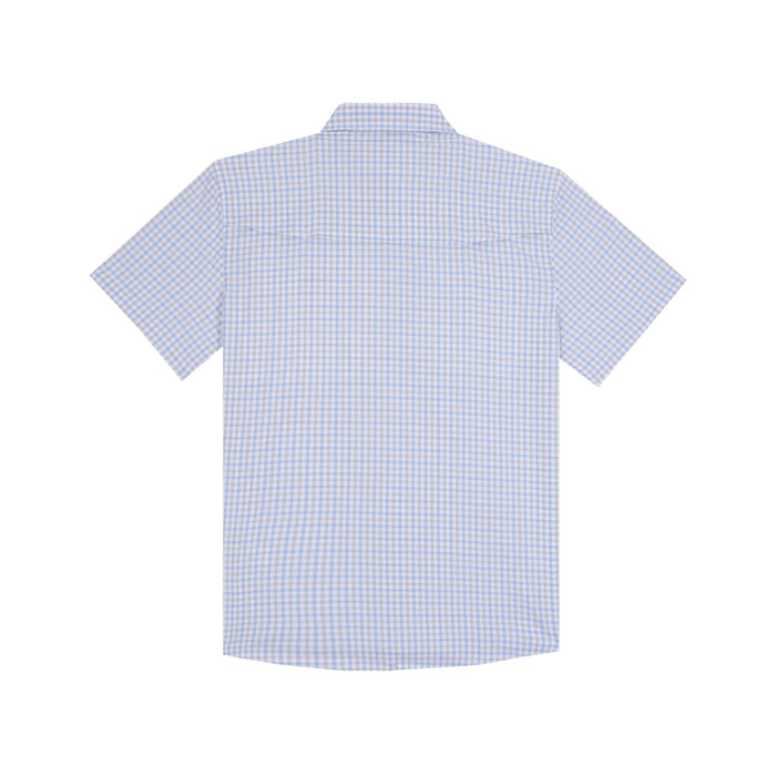 Back view of a light blue and white gingham short-sleeve performance shirt with a vented back yoke.