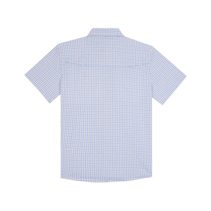 Back view of a light blue and white gingham short-sleeve performance shirt with a vented back yoke.