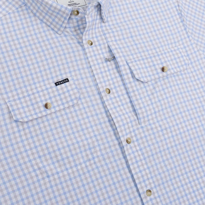Light blue and white gingham short sleeve shirt with magnetic chest pockets and a Poncho brand logo patch.
