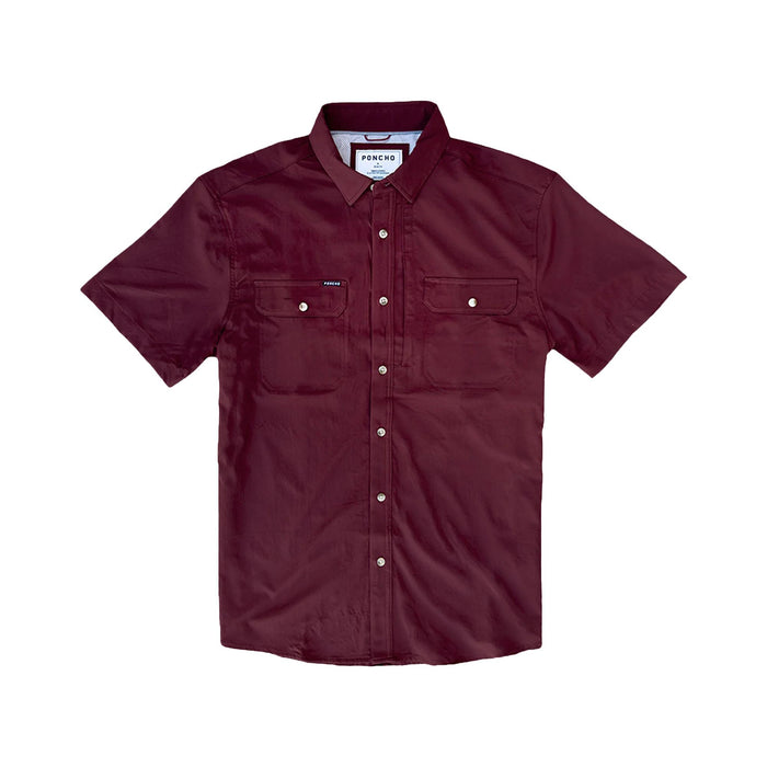 Maroon short-sleeve button-down shirt with two chest pockets, breathable performance fabric, and a classic collar.