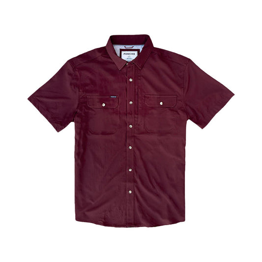 Maroon short-sleeve button-down shirt with two chest pockets, breathable performance fabric, and a classic collar.