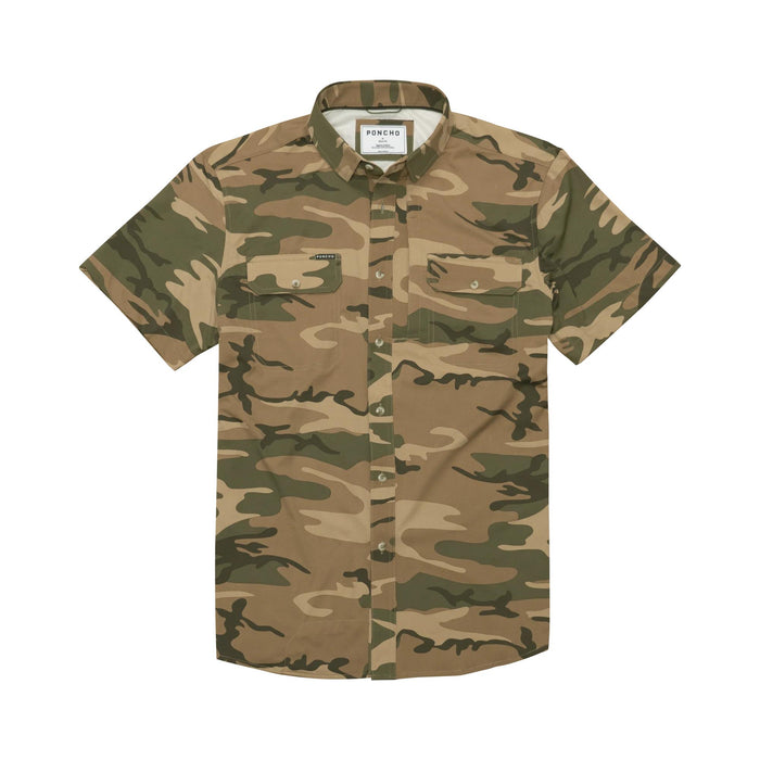 Poncho Cordoba short-sleeve button-down shirt in a tan and green camouflage print with dual chest pockets.