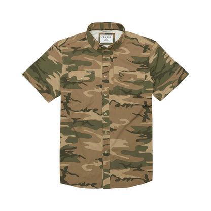 Poncho Cordoba short-sleeve button-down shirt in a tan and green camouflage print with dual chest pockets.