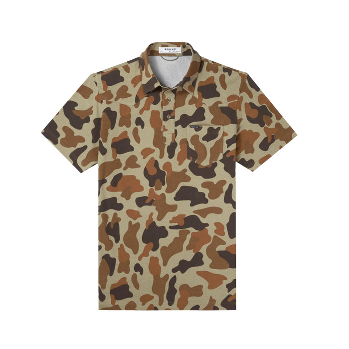 Dove Stool camo print Pima cotton polo shirt with a chest pocket and western-style collar.
