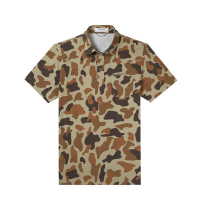 Dove Stool camo print Pima cotton polo shirt with a chest pocket and western-style collar.
