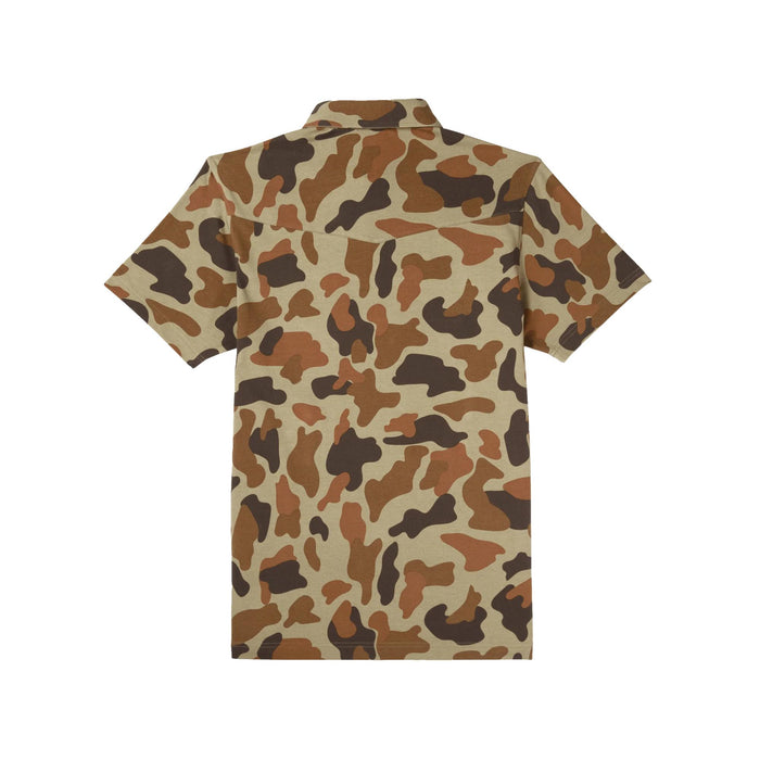 Back view of a short-sleeve polo shirt in a brown and tan camouflage print with western-style back yoke detailing.