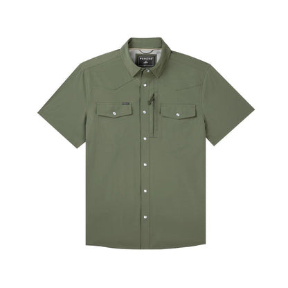 Olive green short-sleeve Western performance shirt with snap buttons, dual chest pockets, and a hidden zipper pocket.