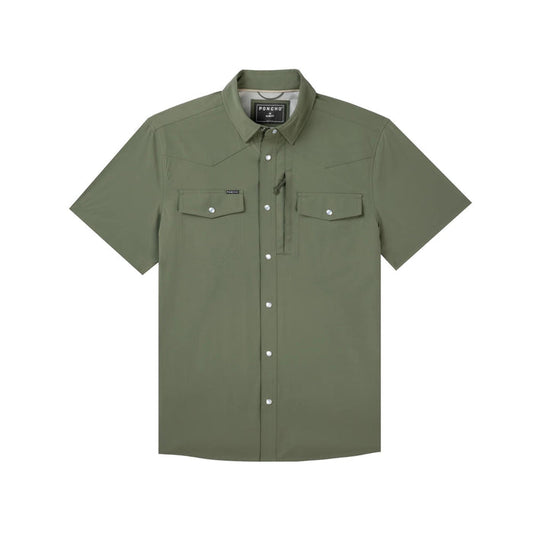 Olive green short-sleeve Western performance shirt with snap buttons, dual chest pockets, and a hidden zipper pocket.
