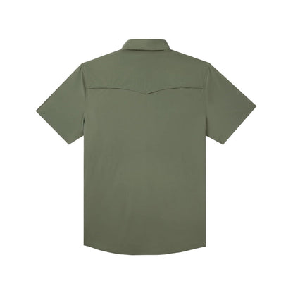 Back view of an olive green short-sleeve Western performance shirt with a yoke back and durable Tuff-Thread fabric.
