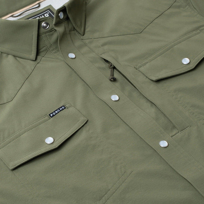 Olive green short-sleeve Western shirt with snap buttons, dual chest pockets, and durable Tuff-Thread fabric.