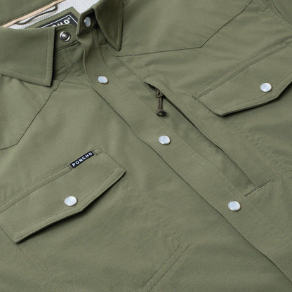 Olive green short-sleeve Western shirt with snap buttons, dual chest pockets, and durable Tuff-Thread fabric.