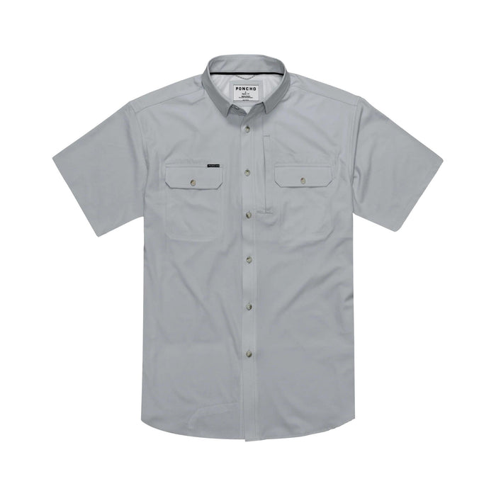 Grey short-sleeve performance button-down shirt with dual chest pockets and a breathable, lightweight fabric design.