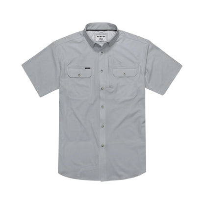 Grey short-sleeve performance button-down shirt with dual chest pockets and a breathable, lightweight fabric design.