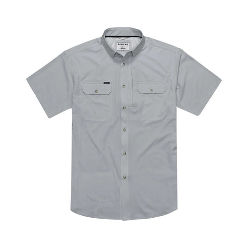 Grey short-sleeve performance button-down shirt with dual chest pockets and a breathable, lightweight fabric design.