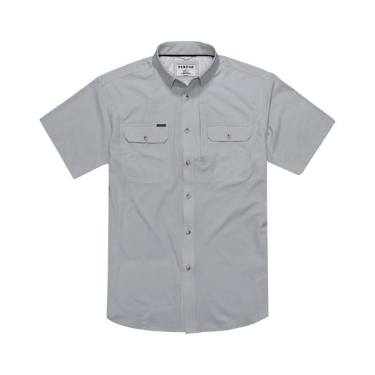 Grey short-sleeve performance button-down shirt with dual chest pockets and a breathable, lightweight fabric design.