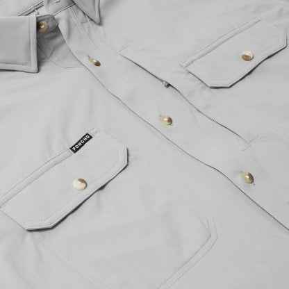 Light grey short sleeve performance shirt featuring dual chest pockets, button-down collar, and Poncho brand label.