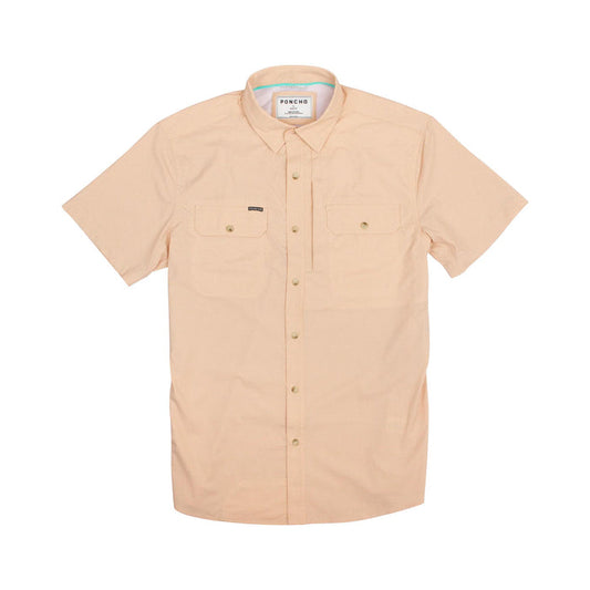 Light peach short-sleeve performance shirt with button-down front, dual chest pockets, and breathable technical fabric.