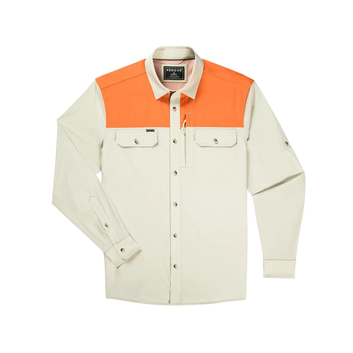 Poncho Hebbronville long sleeve shirt in cream with orange shoulder panels, featuring magnetic chest pockets and button front.