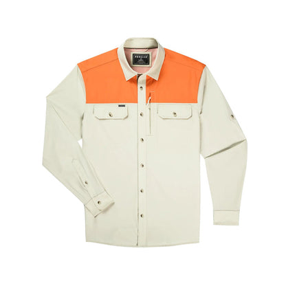 Poncho Hebbronville long sleeve shirt in cream with orange shoulder panels, featuring magnetic chest pockets and button front.