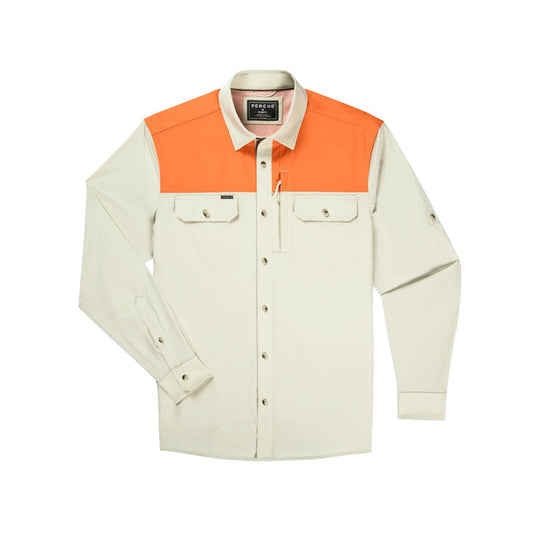 Poncho Hebbronville long sleeve shirt in cream with orange shoulder panels, featuring magnetic chest pockets and button front.