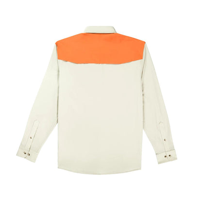 Back view of a beige long-sleeve performance shirt with a bright orange western-style yoke and button cuffs.