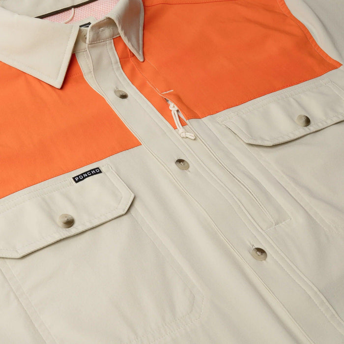 Tan and orange long-sleeve performance shirt featuring Tuff-Thread fabric, button-down front, and dual chest pockets.