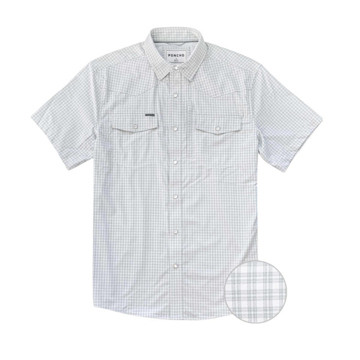 Light grey and white plaid short-sleeve western performance shirt with pearl snaps and dual chest pockets.