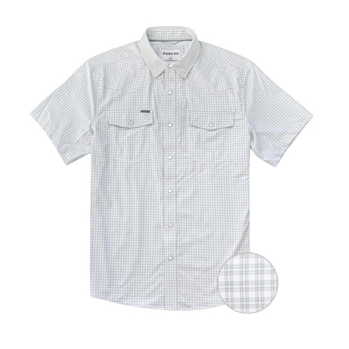Light grey and white plaid short-sleeve western performance shirt with pearl snaps and dual chest pockets.
