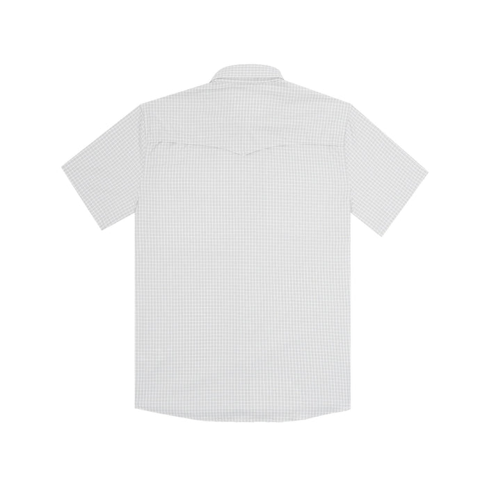 Back view of a white, short-sleeve Western performance shirt with a subtle grid pattern and a vented back yoke.