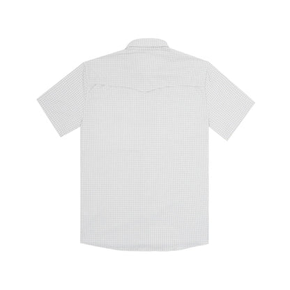 Back view of a white, short-sleeve Western performance shirt with a subtle grid pattern and a vented back yoke.