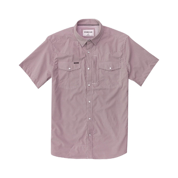 Maroon and white gingham short-sleeve Western shirt with pearl snaps, dual chest pockets, and a pointed shoulder yoke.