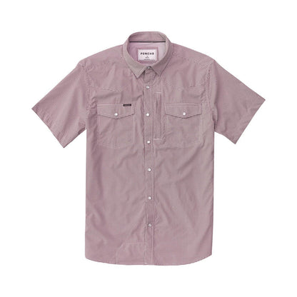 Maroon and white gingham short-sleeve Western shirt with pearl snaps, dual chest pockets, and a pointed shoulder yoke.