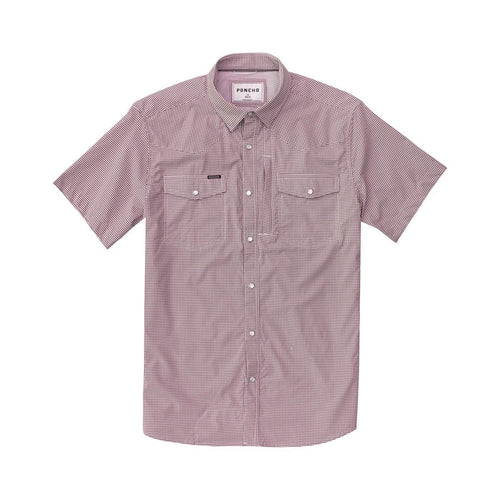 Maroon and white gingham short-sleeve Western shirt with pearl snaps, dual chest pockets, and a pointed shoulder yoke.