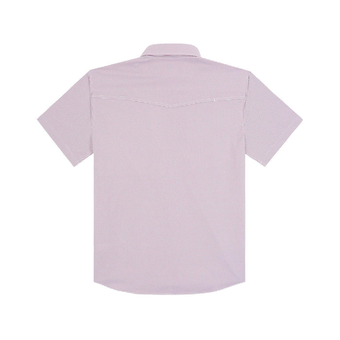 Back view of a light purple gingham short-sleeve Western shirt with a vented back and lightweight performance fabric.