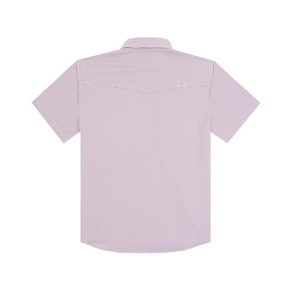 Back view of a light purple gingham short-sleeve Western shirt with a vented back and lightweight performance fabric.